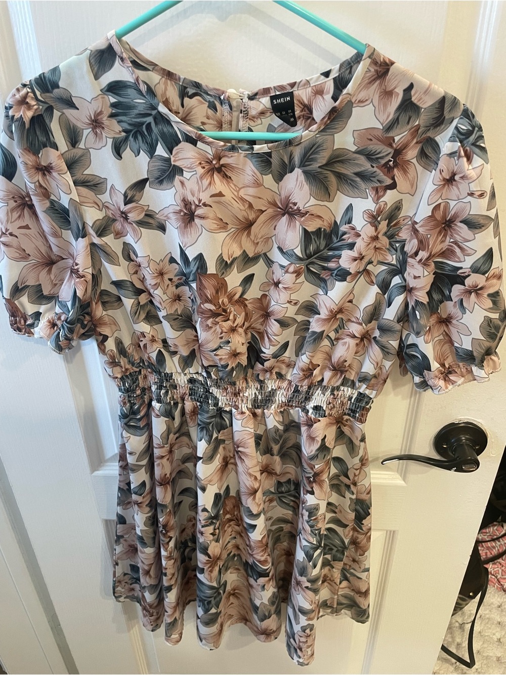 SHEIN Cream Floral Mini Dress with Pink and Green Accents